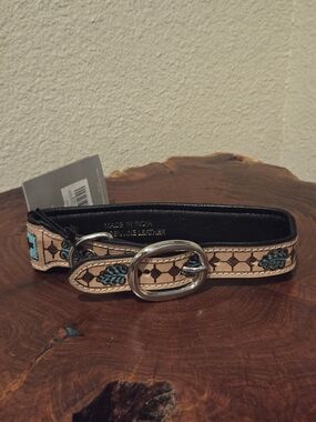 Genuine Leather Embroidered Tan & Turquoise Dog Collar.